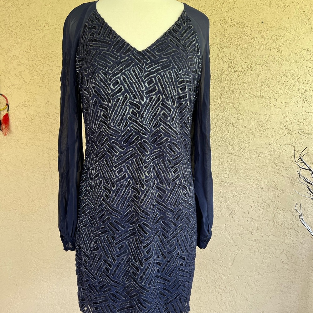 Lilly Pulitzer Navy Blue Long, mesh Sleeve Dress, silver glitter design Size 8